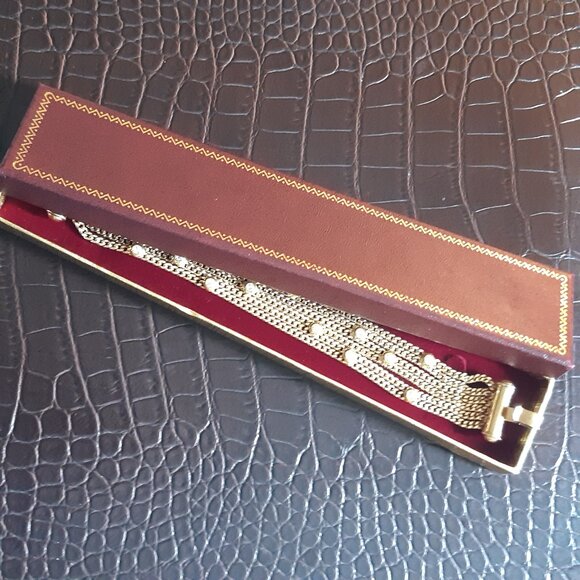 1990s NOLAN MILLER Bracelet Gold Tone 6 Strand,14 Bezel Set Rhinestones, Vintage - Picture 15 of 16